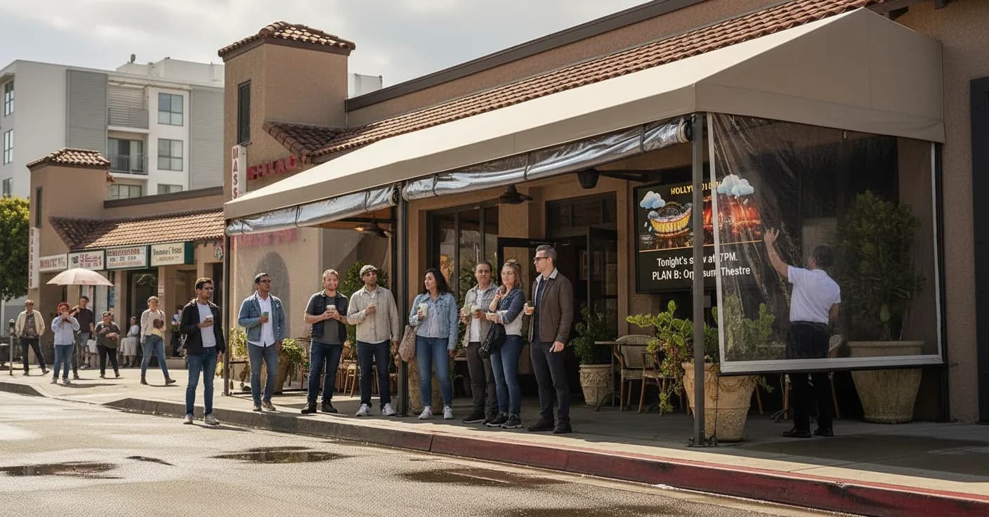 Photorealistic editorial scene for Hollywood Outdoor Shows With Weather-Proof Plan B Options in Los Angeles.