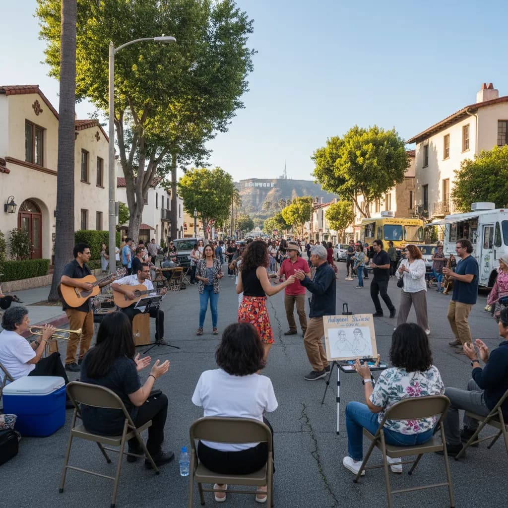 Photorealistic editorial scene for Free Social Events Around Hollywood in Los Angeles in Los Angeles.