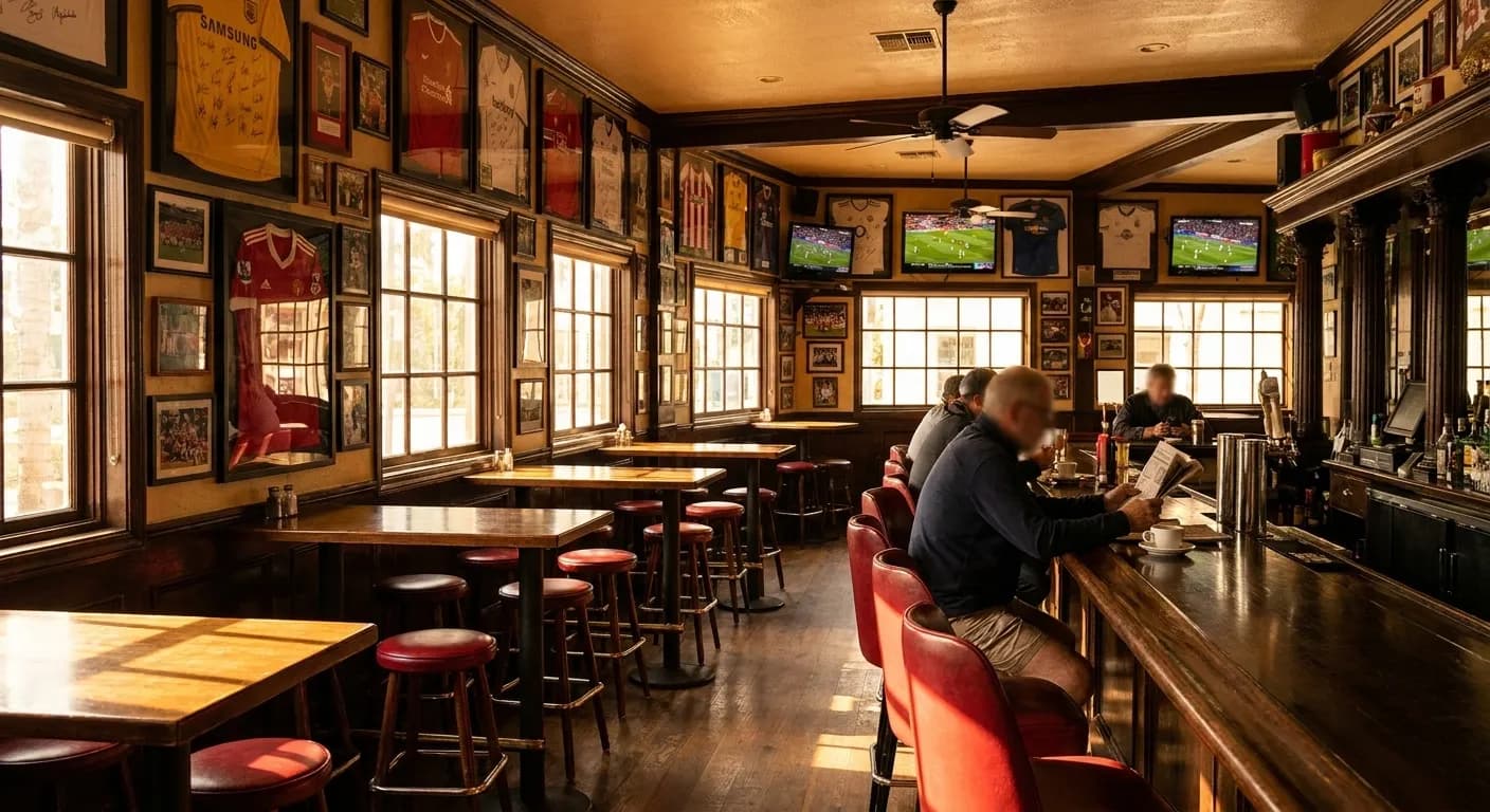 Interior bar area at Ye Olde King's Head in Santa Monica with signed football jerseys and club memorabilia on walls