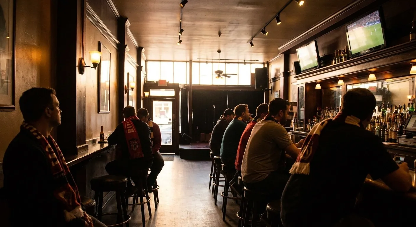 Bar interior at Maggie McGarry's on Grant Avenue with mounted screens above the counter and bar stools along the left wall