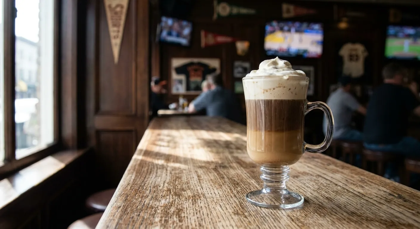 Glass mug of Irish coffee topped with housemade Baileys and Frangelico whipped cream on a wooden bar counter