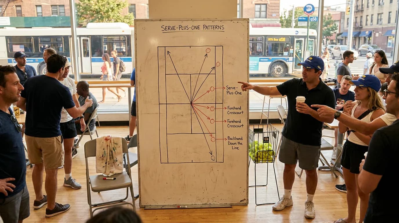 Photorealistic US Open tennis scene for Serve-Plus-One Patterns Casual Tennis Fans Can Spot.