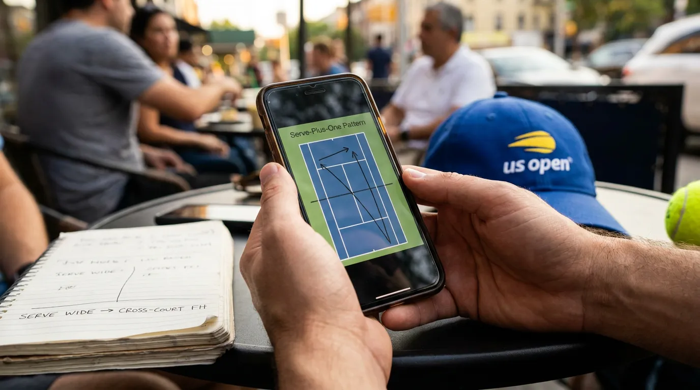 Photorealistic tennis scene illustrating Serve-Plus-One Patterns Casual Tennis Fans Can Spot.