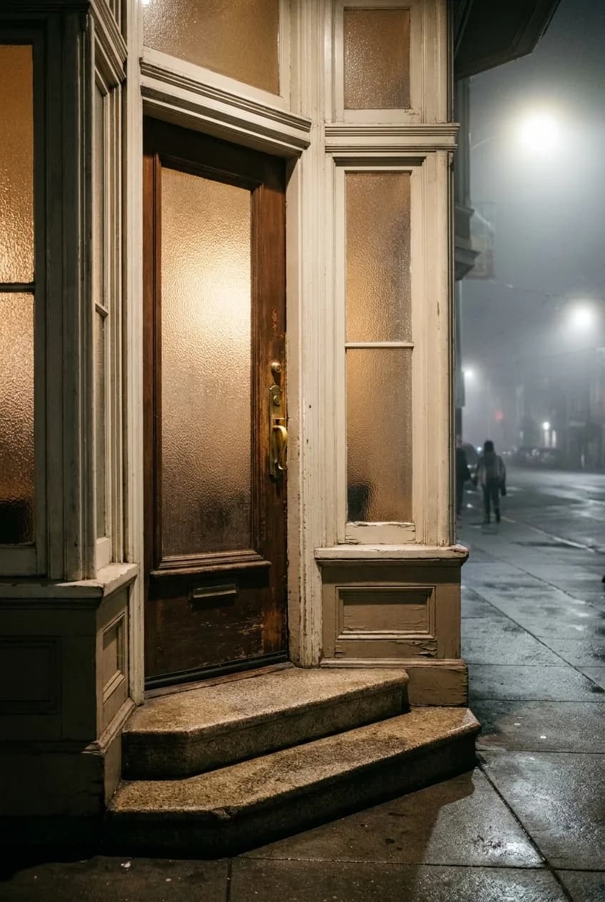 The narrow painted doorway of a San Francisco restaurant in a bay-windowed Victorian frontage, warm light behind frosted glass