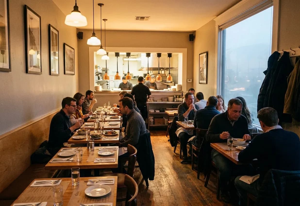 A small San Francisco dining room mid-service with closely spaced tables, a wall banquette and an open pass glowing at the far end