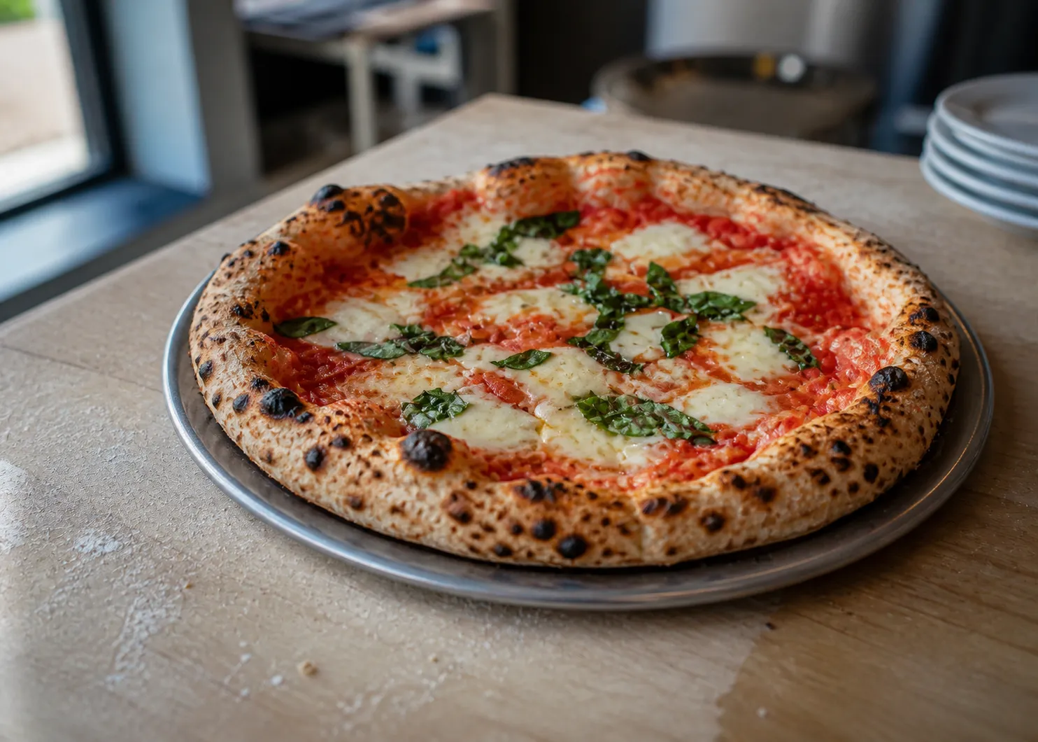 A freshly baked round Neapolitan pizza with a charred, blistered crust resting on a plain steel pan on a pale wood counter in a small San Francisco pizzeria