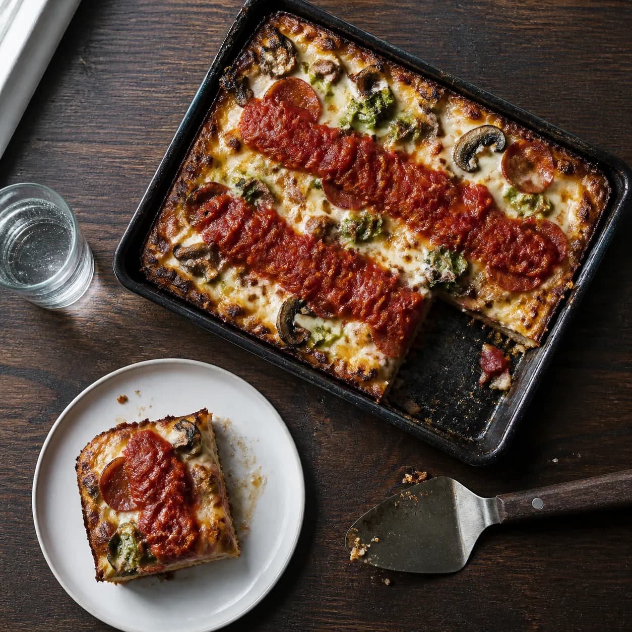 Overhead view of a rectangular Detroit-style pan pizza with caramelised cheese edges, one corner slice lifted onto a white plate beside a metal spatula