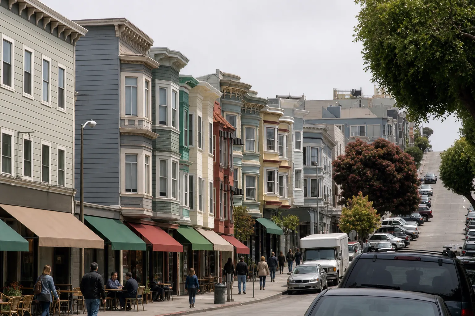 A sloping North Beach commercial block in San Francisco at midday, three-storey bay-window buildings with plain awnings and sidewalk cafe tables