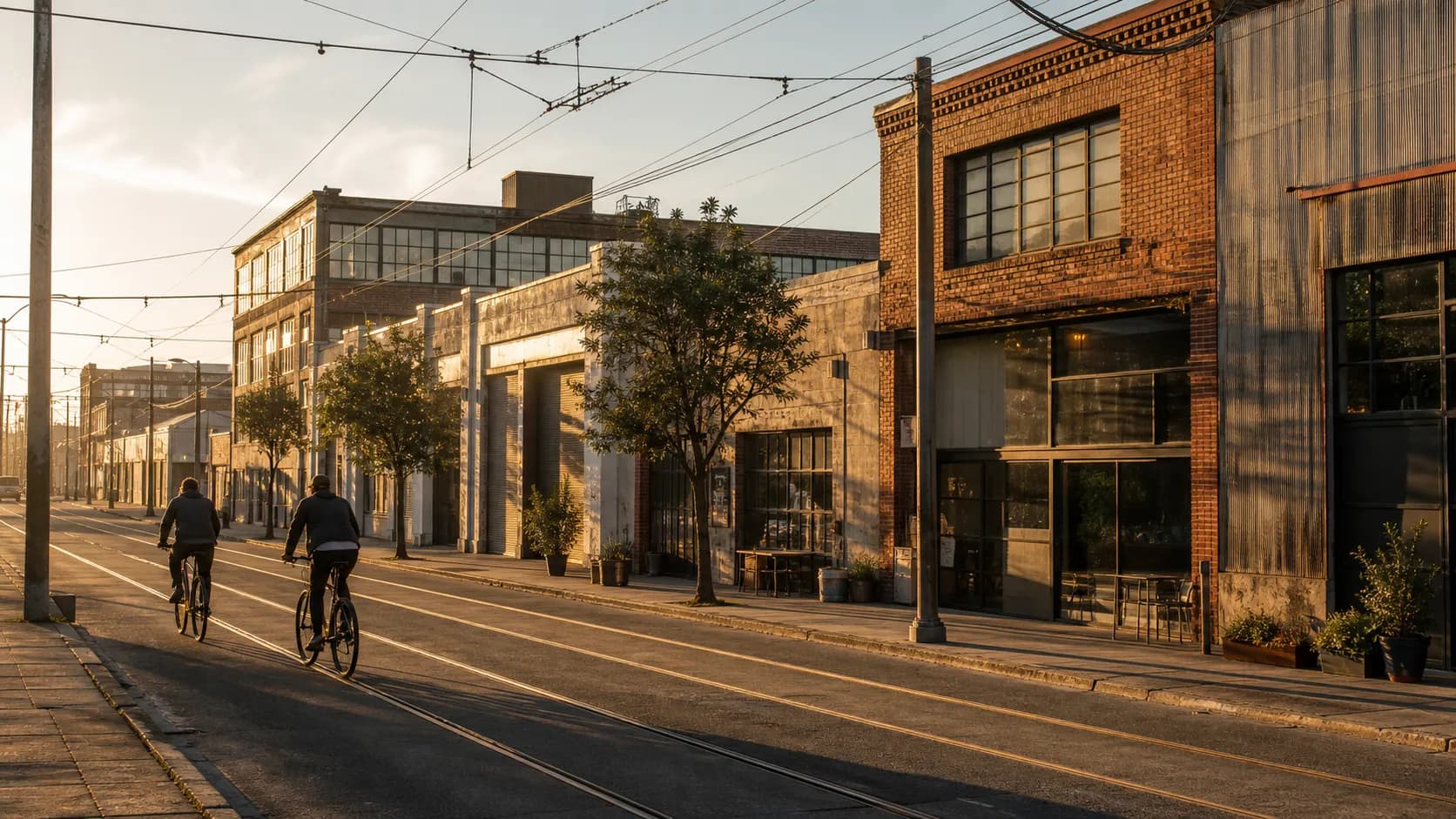 A wide industrial street in San Francisco's Dogpatch in late afternoon light, brick and corrugated warehouse facades with streetcar tracks set into the asphalt