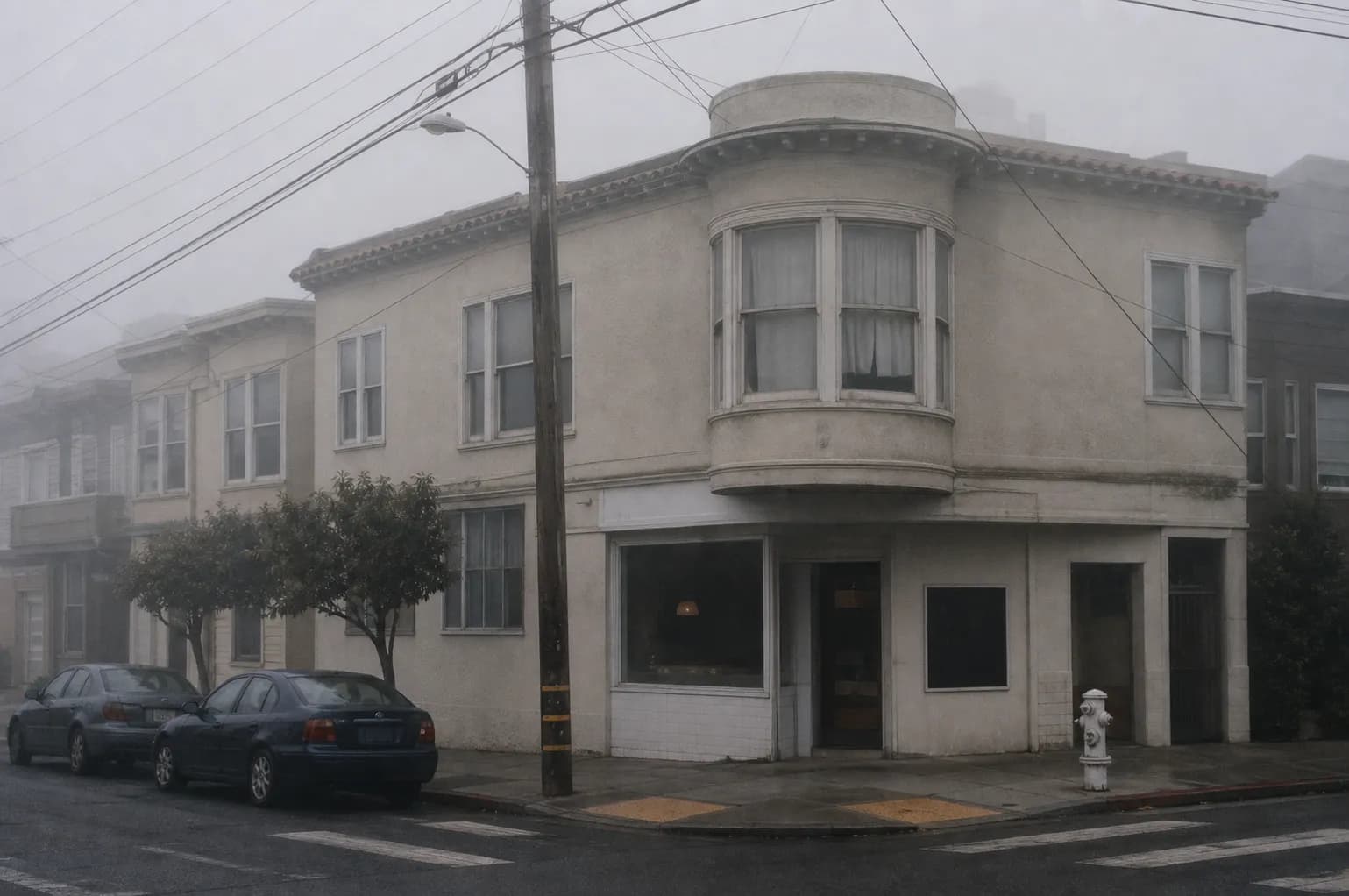 A small unassuming corner storefront restaurant on a foggy morning in San Francisco's Outer Richmond avenues, plain painted facade beneath a stucco residential building