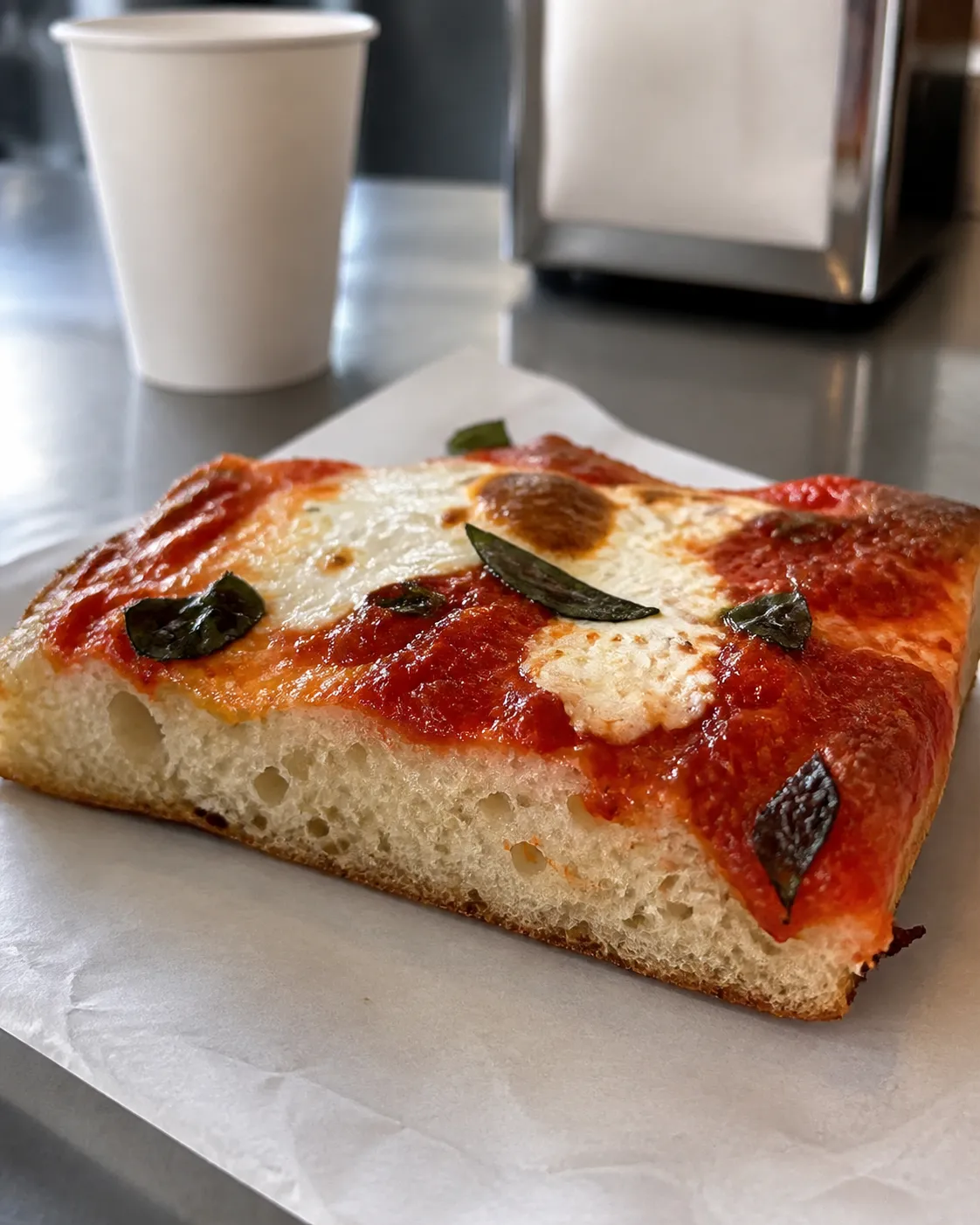 A thick Sicilian focaccia-style square slice on white deli paper on a stainless steel counter, tall open crumb visible from the side and glossy tomato on top