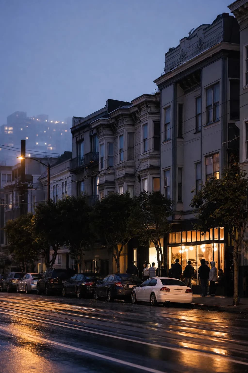 San Francisco commercial street at blue hour with wet asphalt reflecting warm light from a lit restaurant window and a short line on the sidewalk