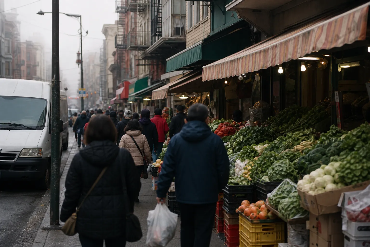 Crowded Chinatown produce and food block in San Francisco on a grey weekday morning