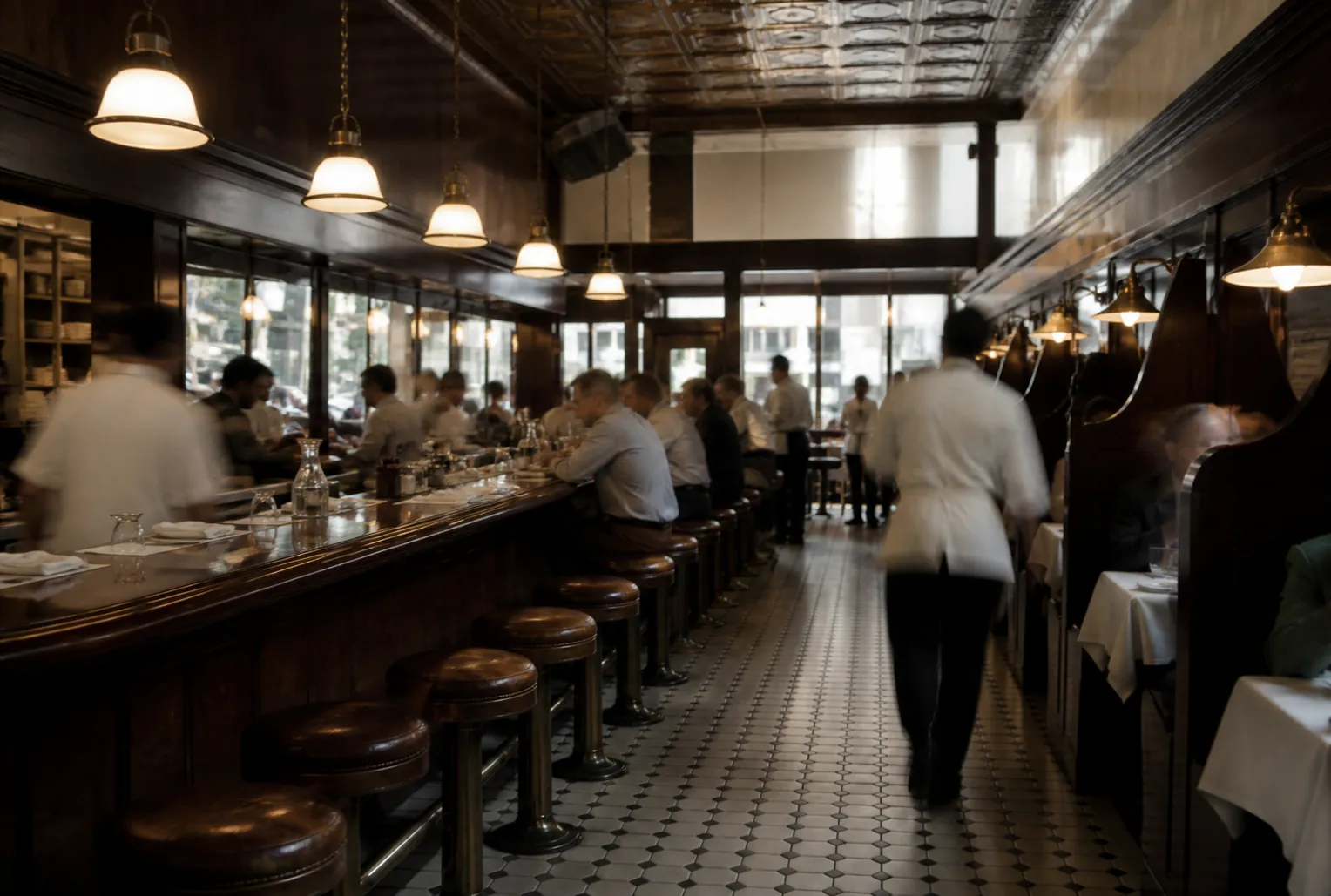 Mahogany counter and hooded booths inside a century-old San Francisco grill during the weekday lunch rush