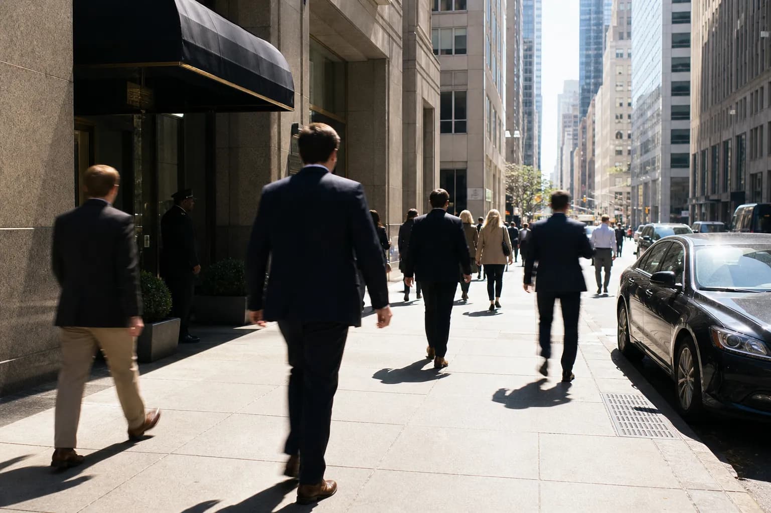Suited professionals walking a San Francisco Financial District sidewalk in hard midday sunlight