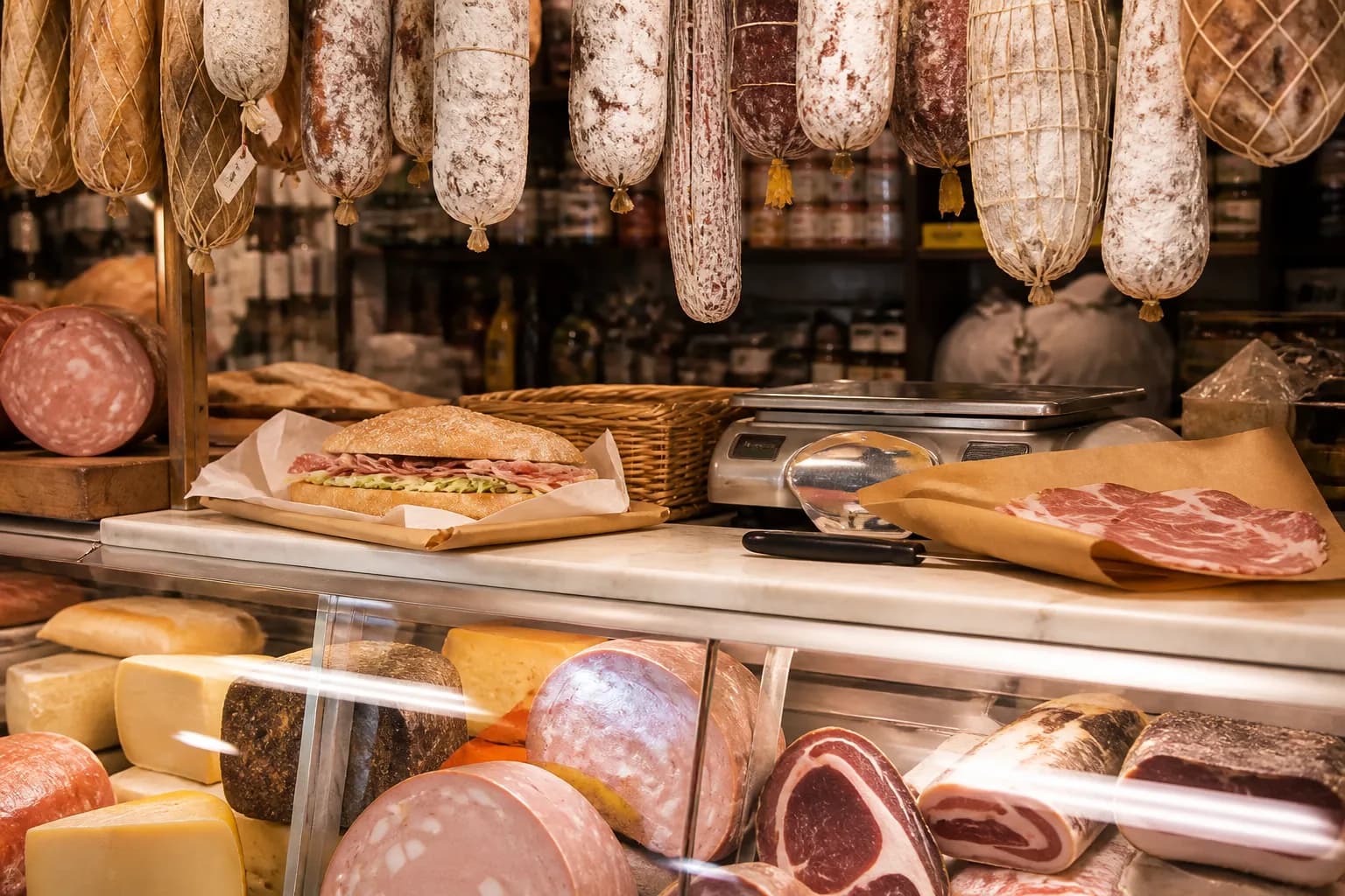 Italian delicatessen counter with hanging salami and a sandwich being built on a Dutch crunch roll