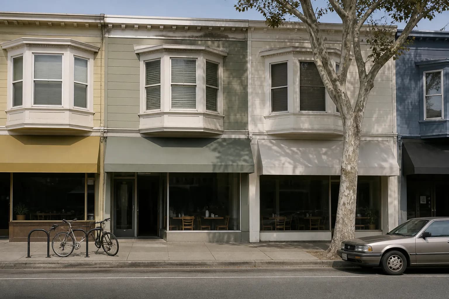 Straight-on daytime view of a low-rise commercial block with two-story bay-window buildings and a row of restaurant storefronts