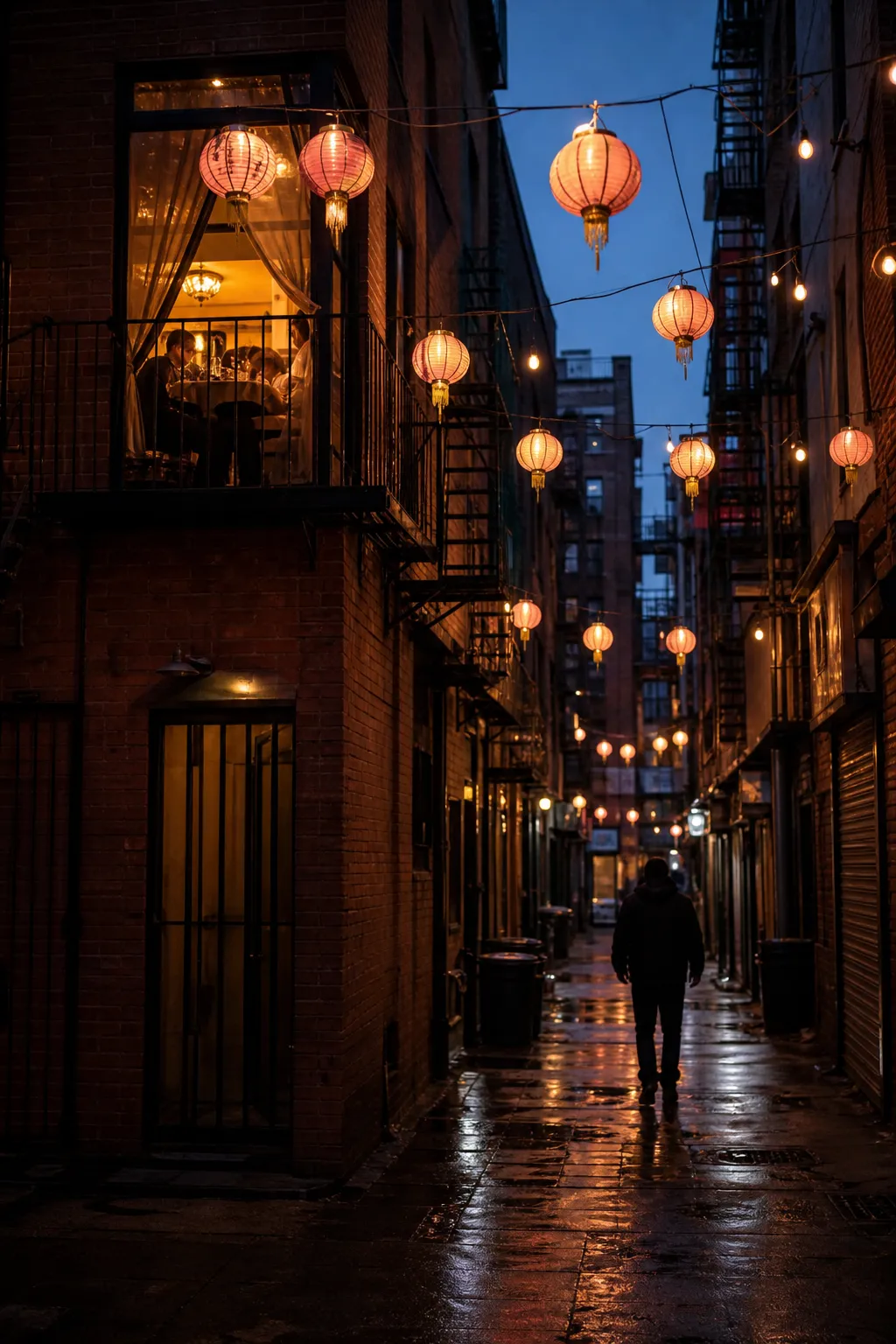 Blue-hour view up a narrow Chinatown alley with paper lanterns overhead and warm light glowing from a second-floor dining room window