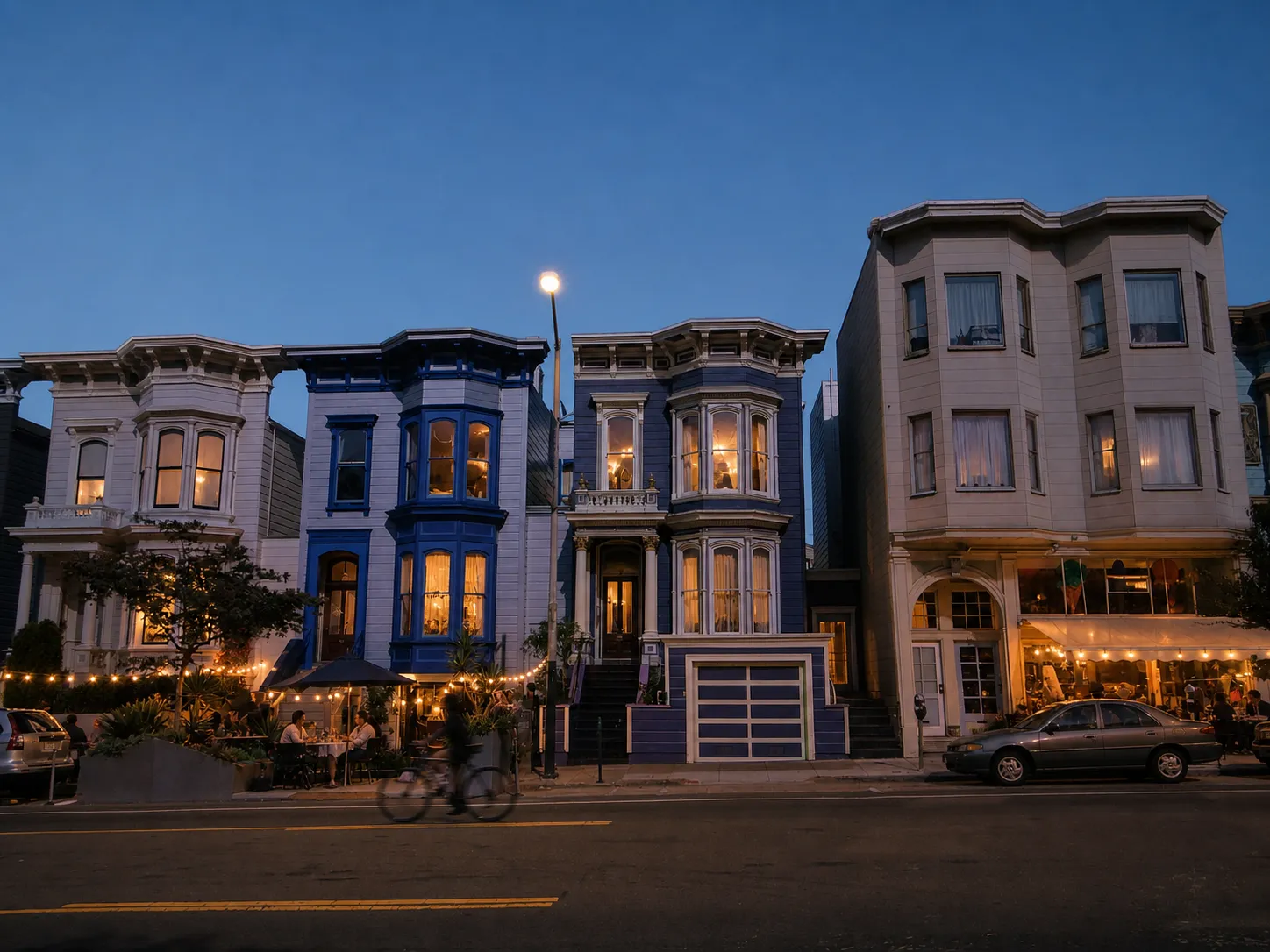 Early evening view of a Victorian commercial block with warm restaurant windows and a few sidewalk tables of diners