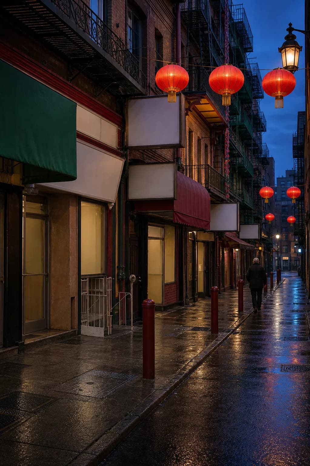 Narrow San Francisco Chinatown alley at blue hour with glowing red paper lanterns strung overhead, iron fire-escape balconies and wet reflective pavement