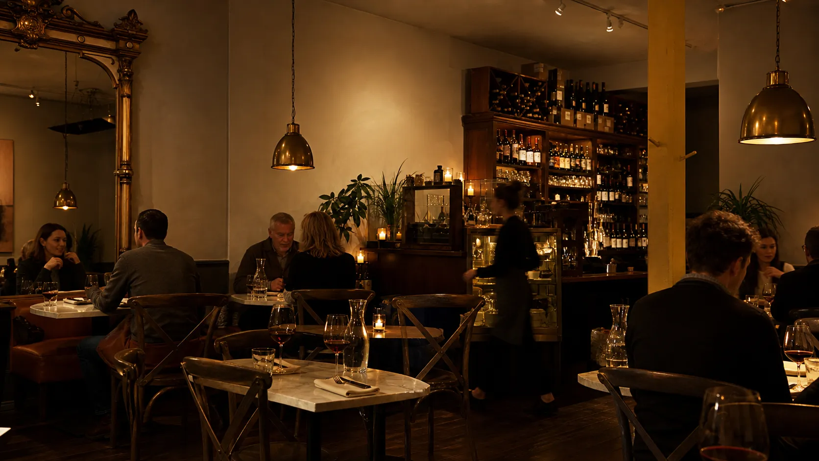 Warm, low-lit San Francisco restaurant dining room at about 7pm, with marble two-tops, wooden cross-back chairs, brass pendant lamps and a back bar of wine bottles