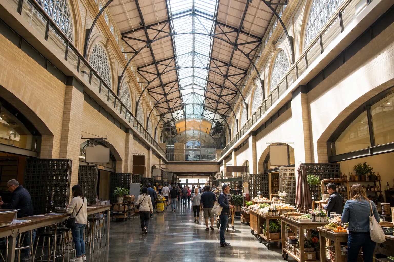 Bright skylit San Francisco market hall with a long steel-and-glass nave, arched clerestory windows, tiled floor and shoppers moving between produce stalls