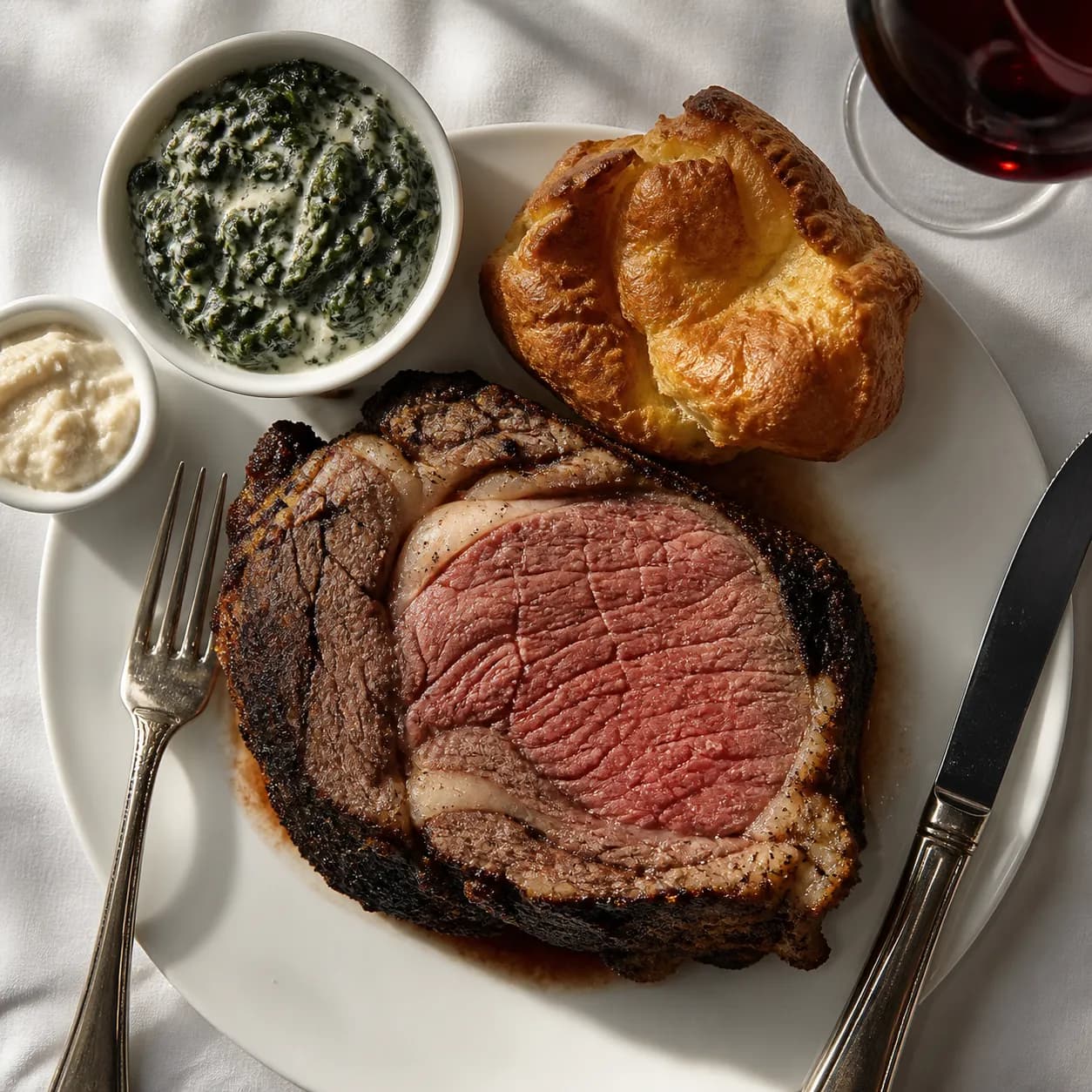 Overhead close-up of a thick slice of roasted prime rib on a white plate with a golden popover, creamed spinach, horseradish cream and a glass of red wine on white linen