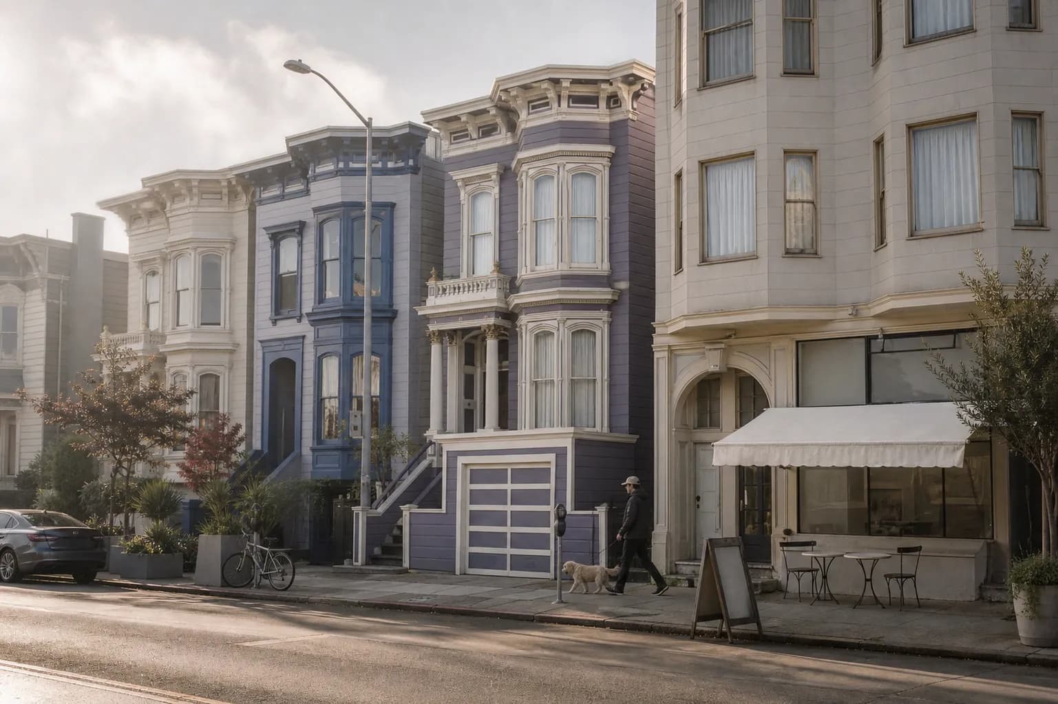 Early morning San Francisco street with a row of painted Victorian bay-window houses and a corner storefront with a white awning, two empty pavement cafe tables and a person walking a dog