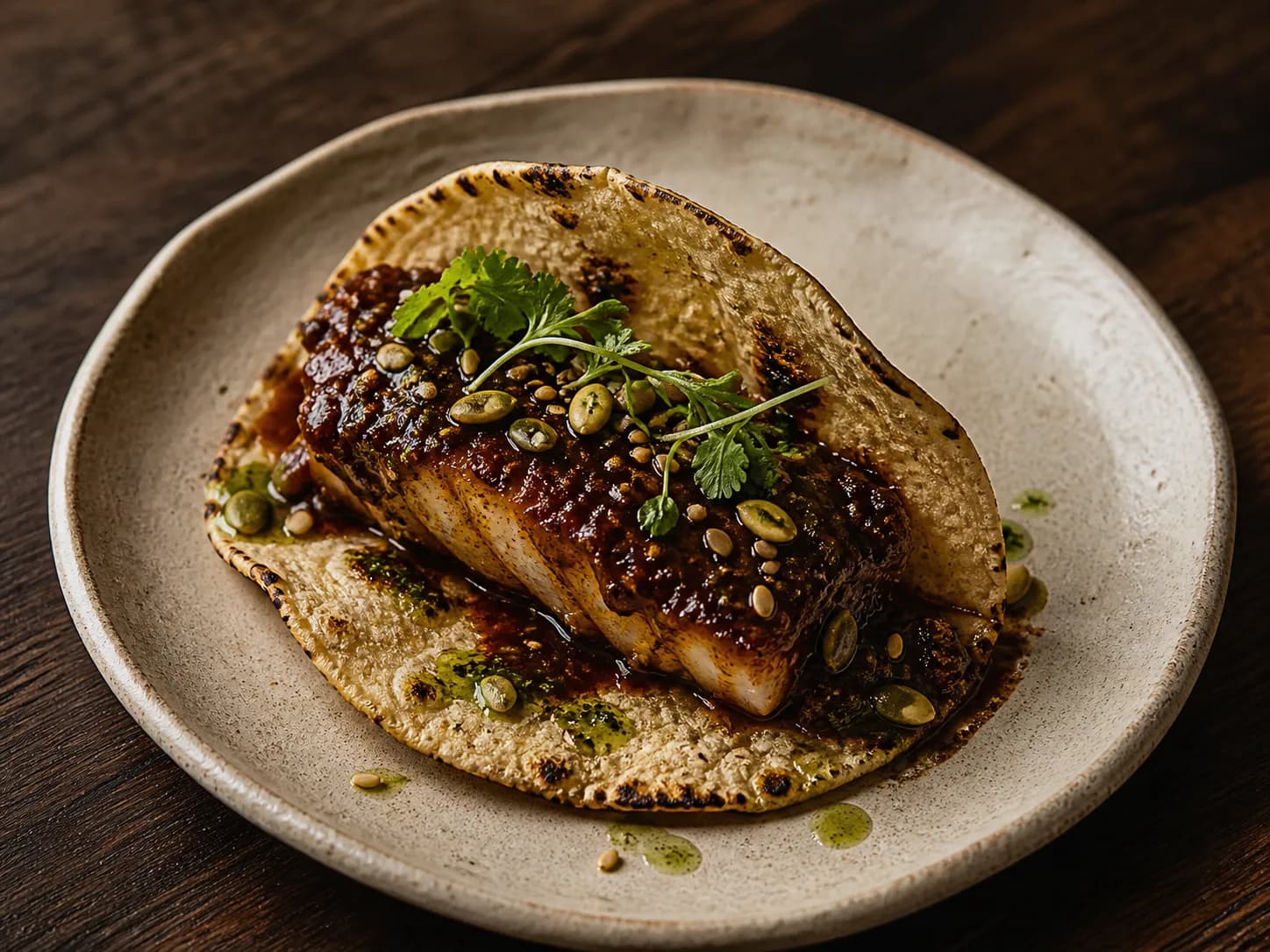 Close-up of a blistered heirloom corn tortilla folded around dark mole-glazed black cod with toasted seeds and herb oil on a matte ceramic plate under warm restaurant light