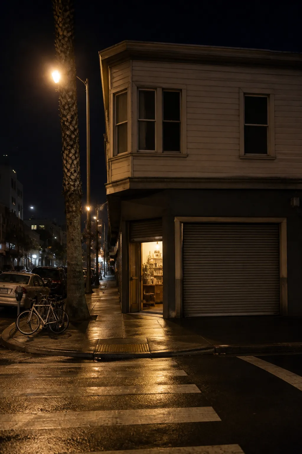 A low-rise corner building on a wide San Francisco street at night with a roll-up garage door, one warm-lit open doorway, parked bicycles and damp pavement reflecting amber light
