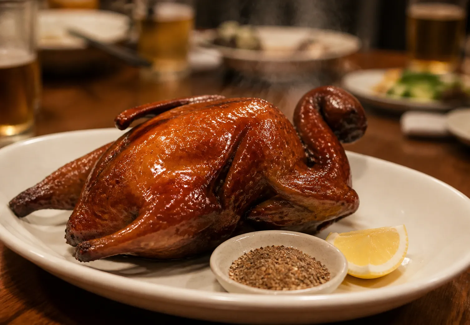 Close-up of a whole crisp lacquered-skin roast squab on a white oval platter with a saucer of spiced salt and a lemon wedge on a communal round table under warm restaurant light