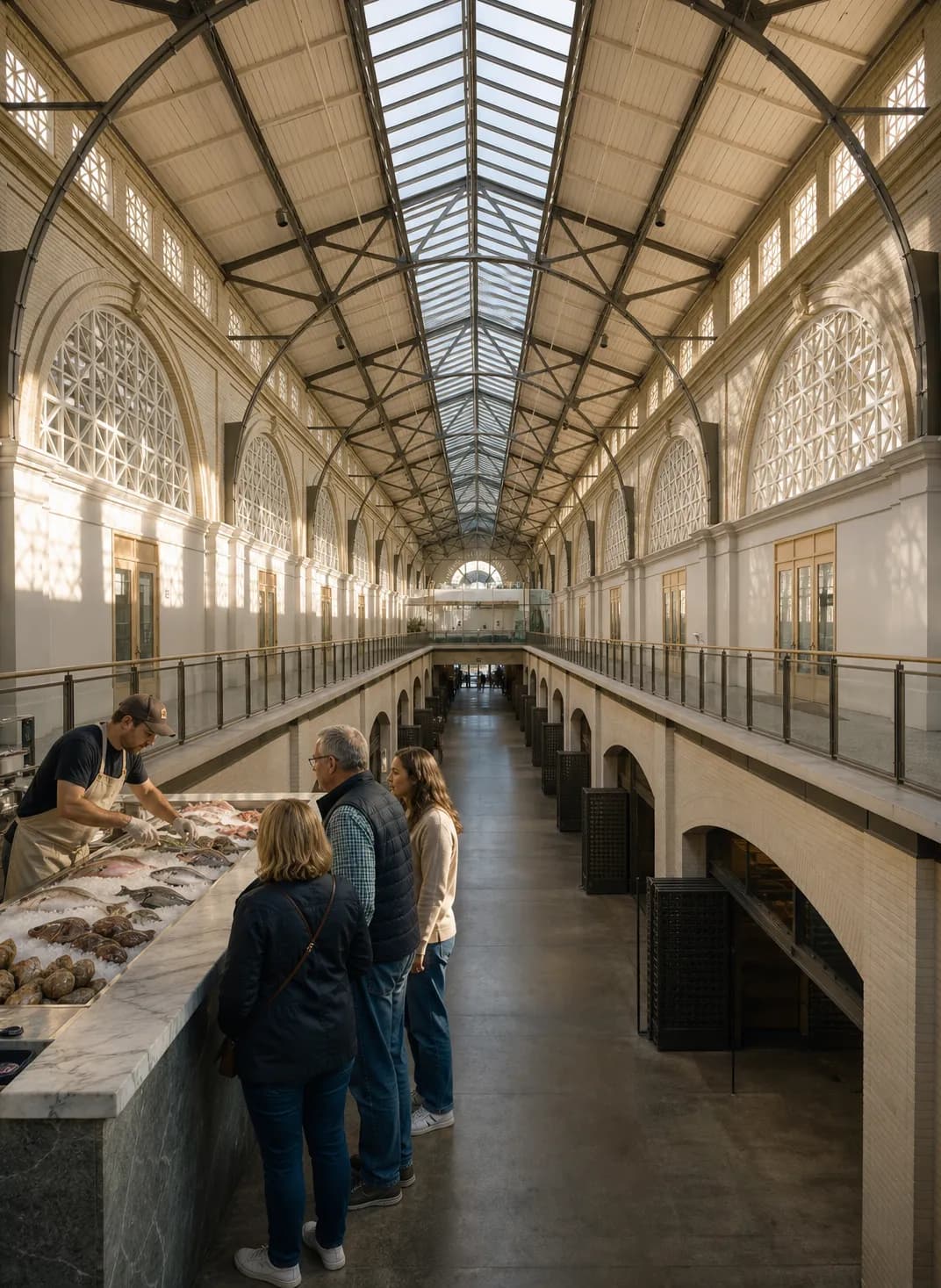 Interior of a historic San Francisco waterfront market hall with steel trusses, skylights and a marble seafood counter in afternoon light
