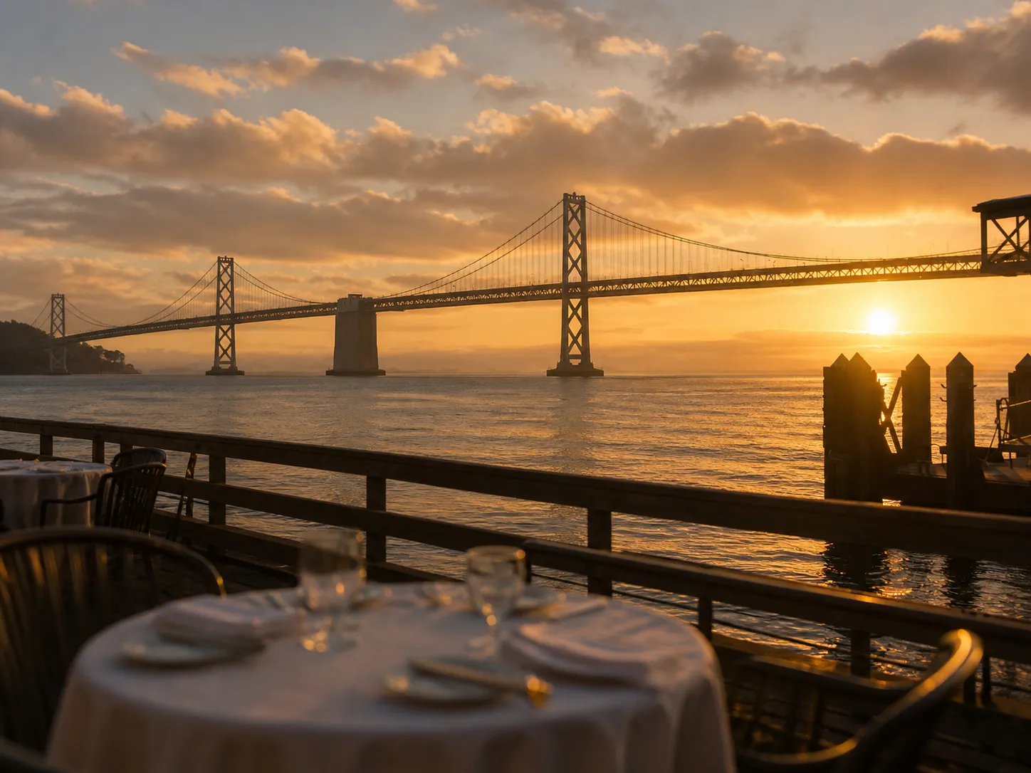 Golden-hour view of a long suspension bridge across San Francisco Bay from a waterfront restaurant terrace with a white-linen table in the foreground