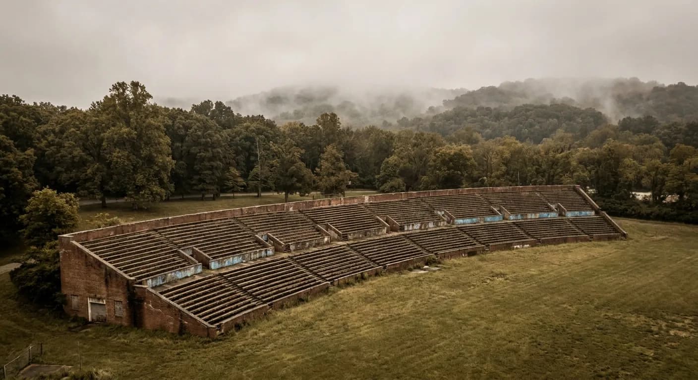 An old neighborhood stadium nestled beside a green park with fog rolling over nearby hills
