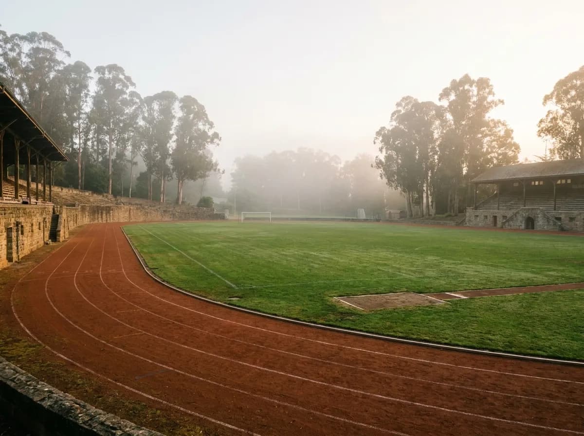 Empty stadium track and field ringed by trees with morning fog above