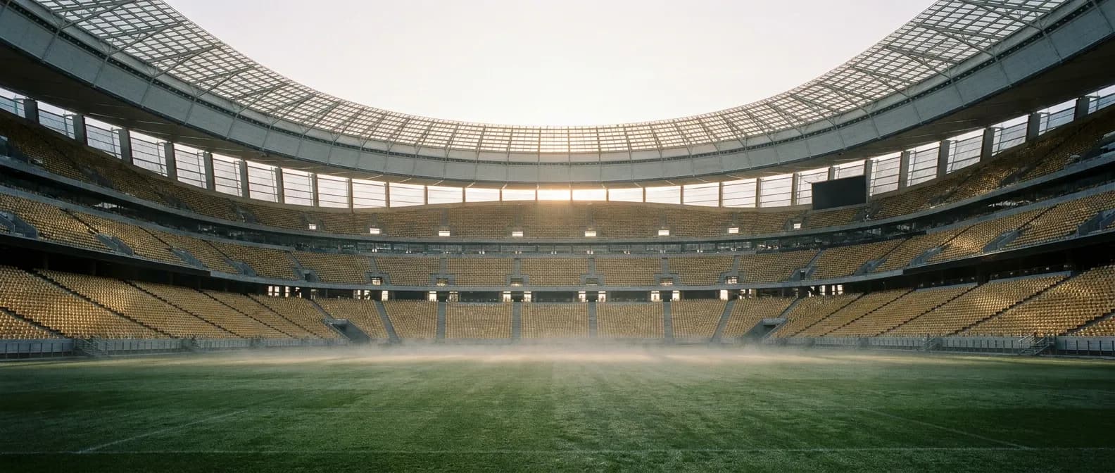 A vast modern oval stadium at dawn with mist on the field and empty tiers