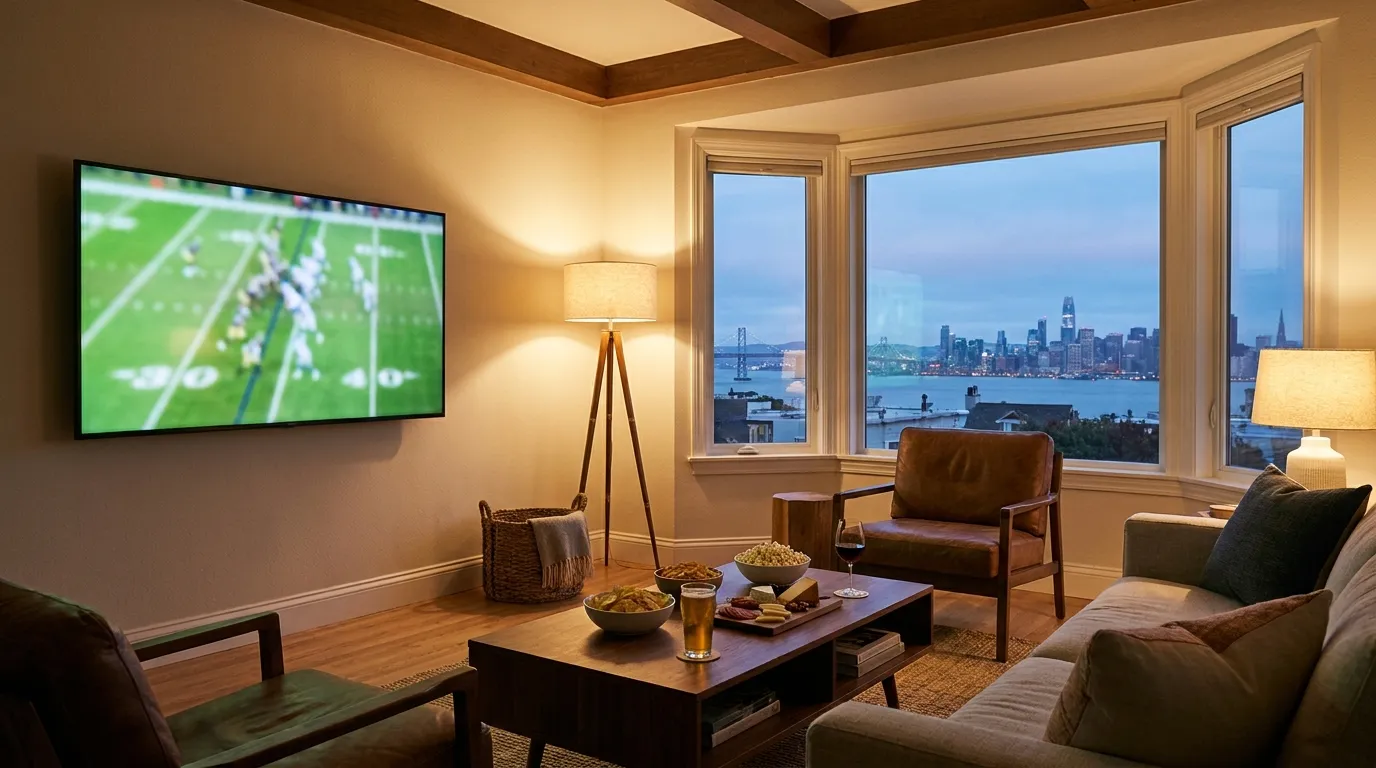 A cozy living room with a large TV glowing green with a football field, snacks on the coffee table