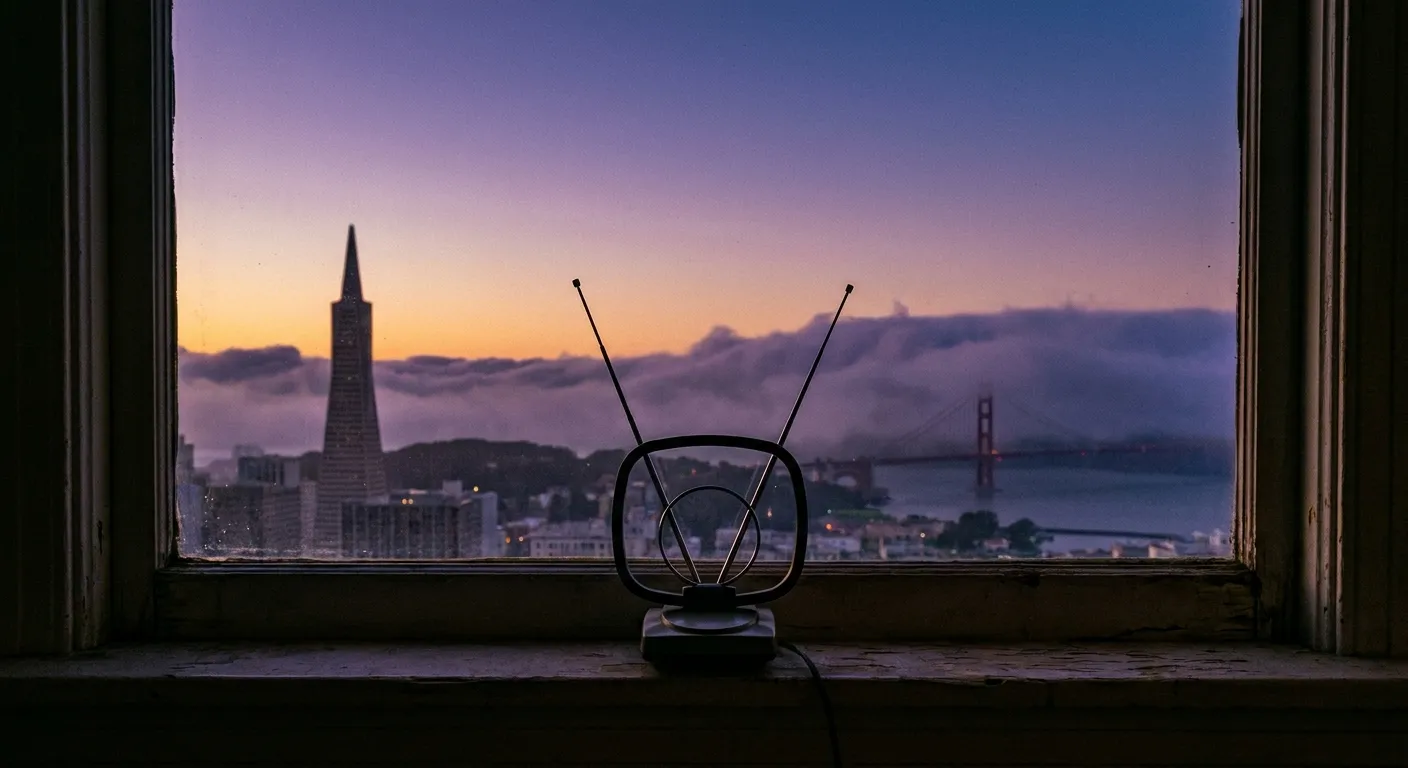 An antenna on a windowsill against a dusk San Francisco skyline