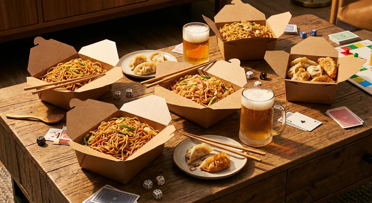 Takeout containers and drinks arranged on a coffee table in warm evening light