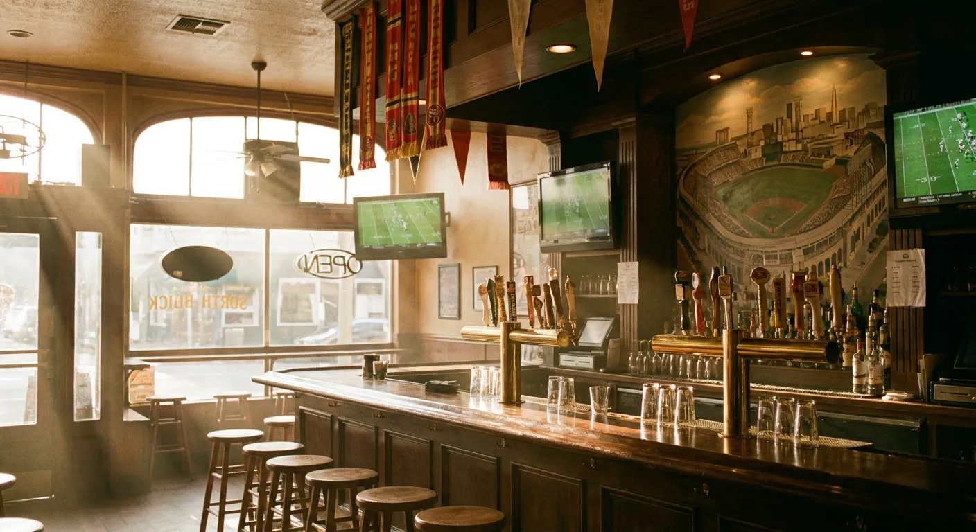 Warm golden-hour light inside a San Francisco sports bar with beer taps, glowing screens, and a painted stadium skyline mural