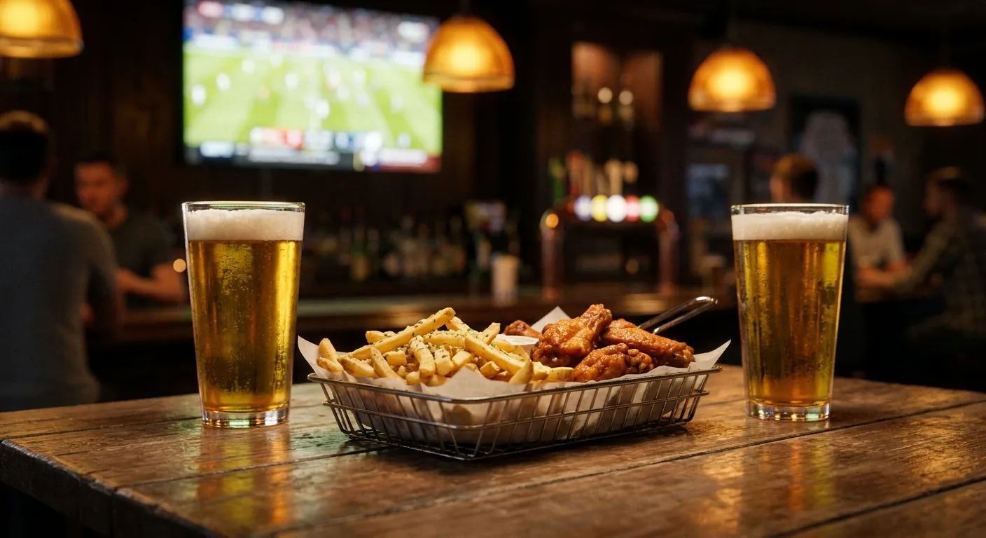 Happy-hour table in a dim sports bar with pints of beer, garlic fries, and wings lit by the glow of a nearby screen