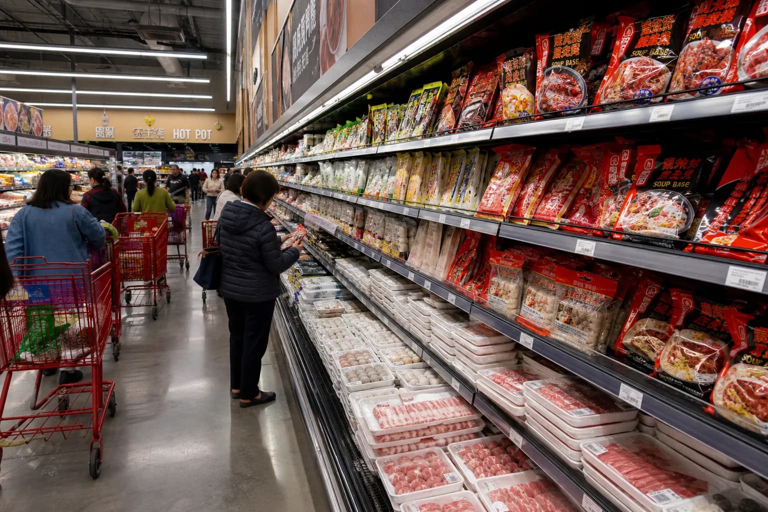 Well-stocked grocery aisle showing packaged hot pot ingredients and sauce bottles on metal shelves.
