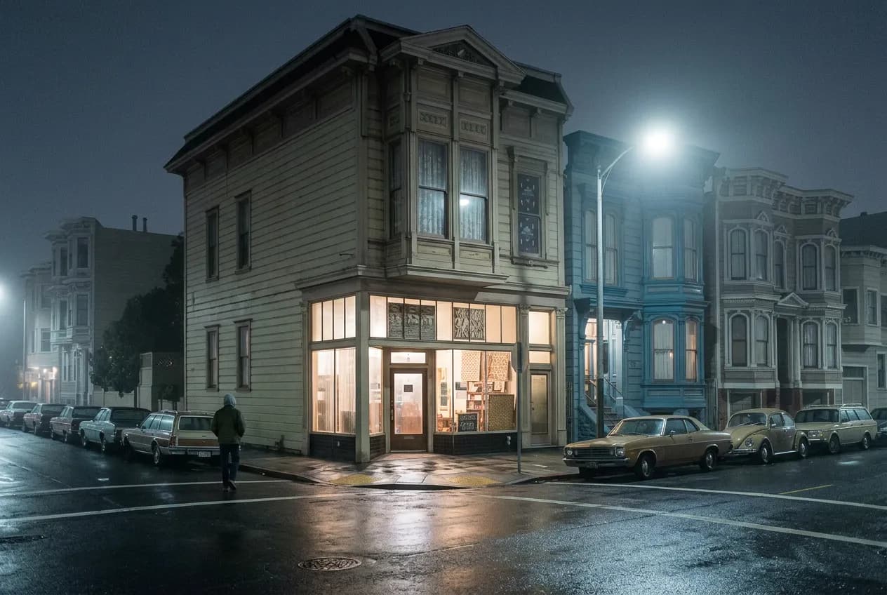 Corner storefront at dusk on a San Francisco street with pastry shop windows glowing softly