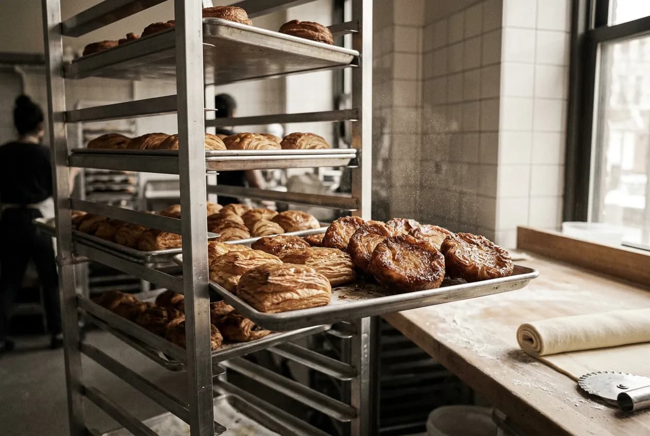 Close view of laminated pastry dough and golden kouign amann inside a small bakery kitchen