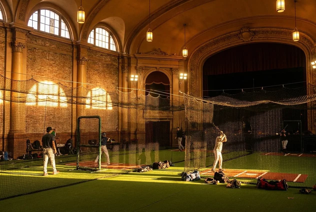 SF Baseball Academy's turf batting cages inside the converted Bridge Theatre on Geary Boulevard in San Francisco's Richmond District
