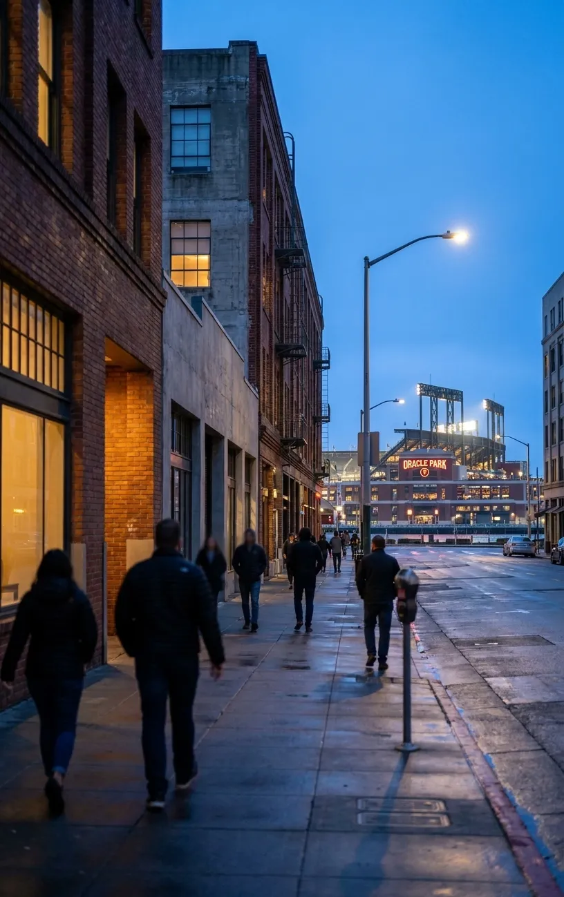 Brannan Street in San Francisco's South Beach neighborhood near Oracle Park, showing the industrial-residential streetscape two blocks from the ballpark