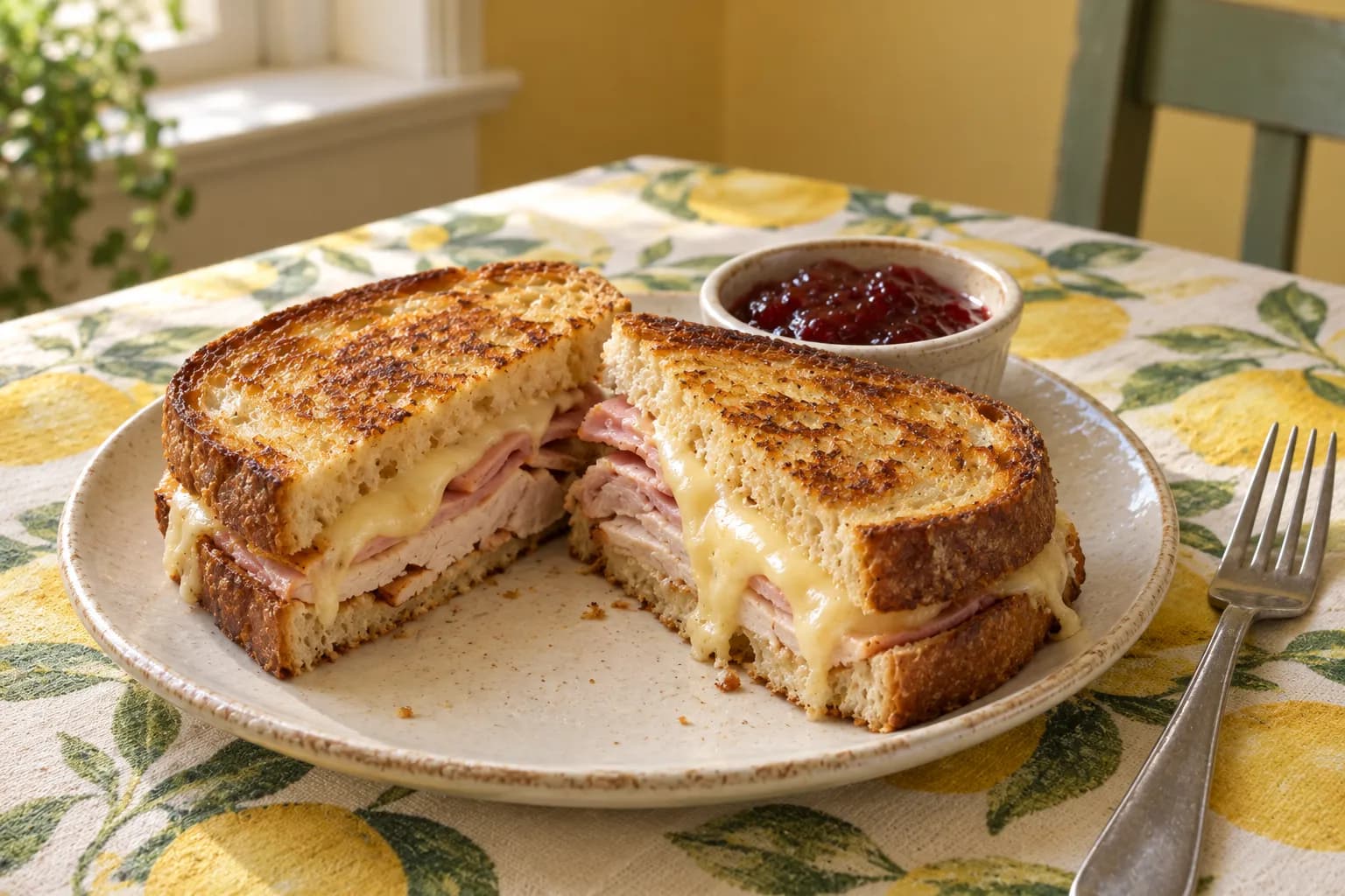 A grilled breakfast sandwich cut in half on a simple plate beside a small dish of red jam, with a yellow wall, patterned tablecloth and soft daylight in the background.