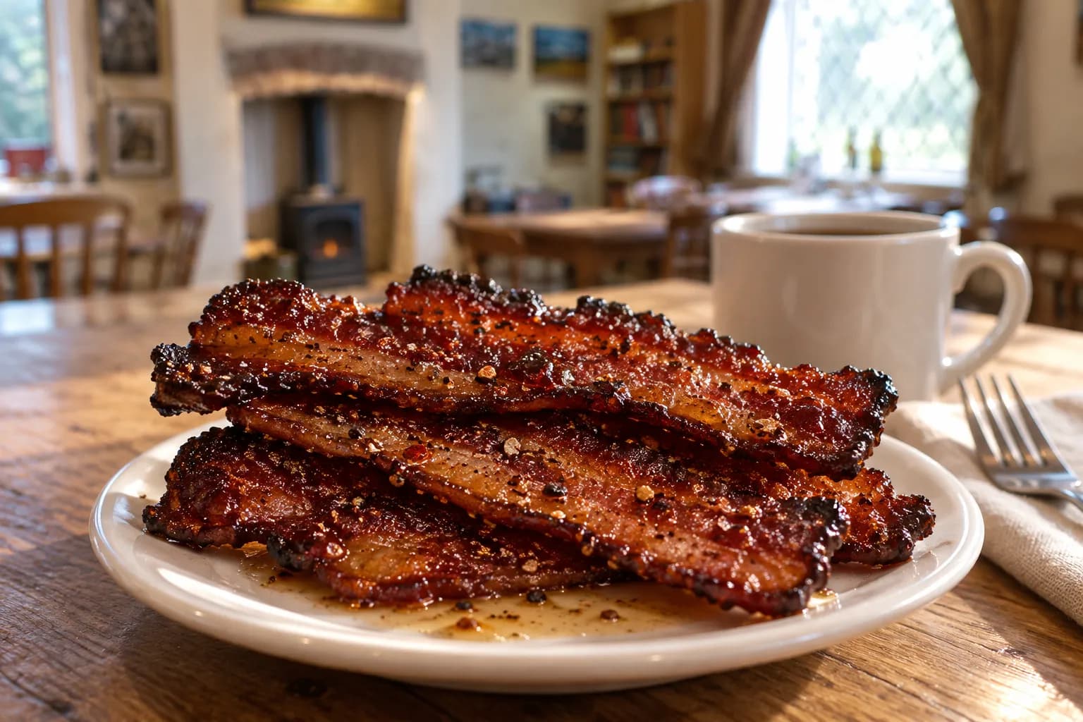 Thick glossy strips of candied bacon stacked on a small white plate