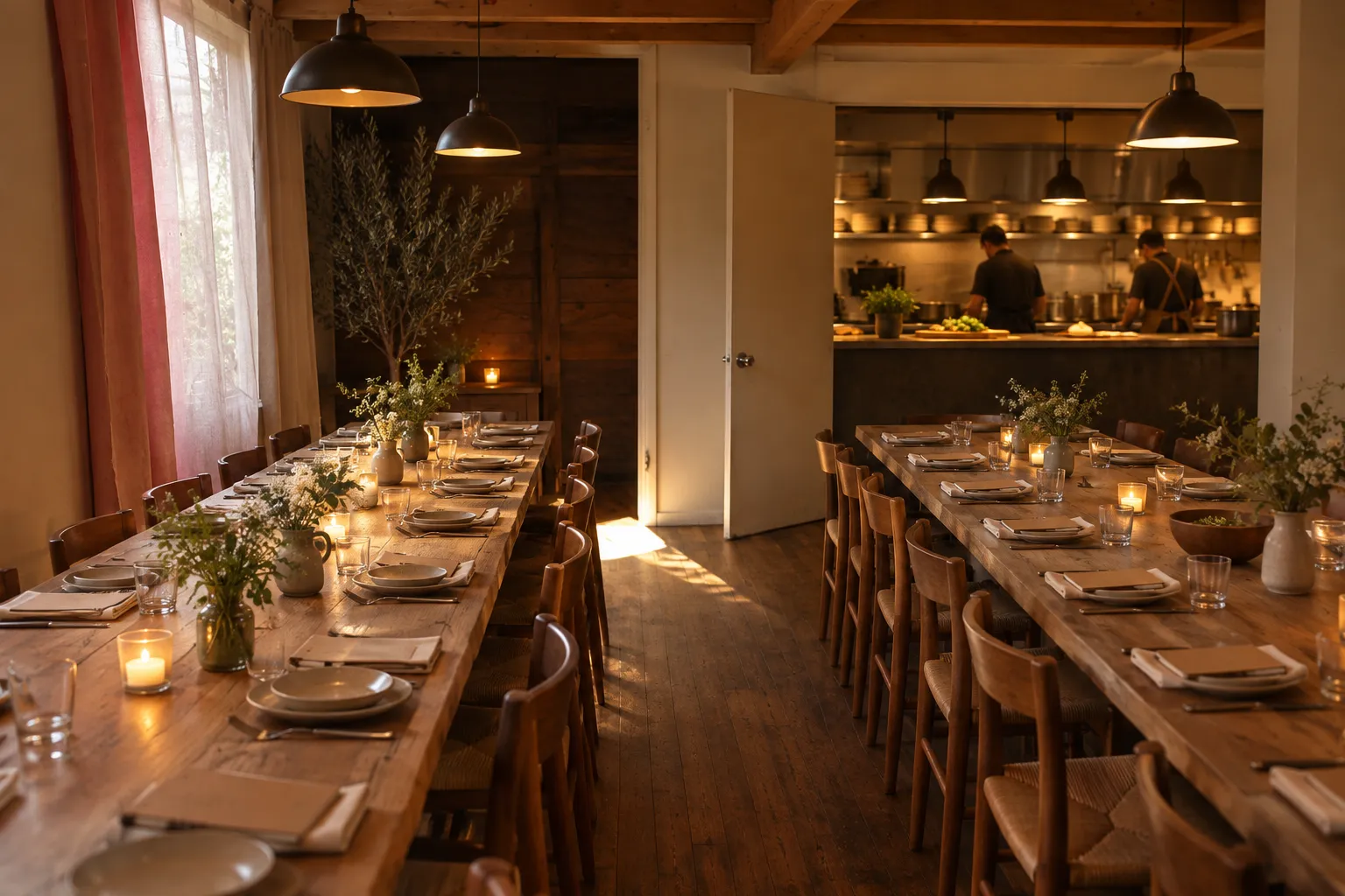 Two long communal tables set end to end in a warm timber room, places laid the length of both