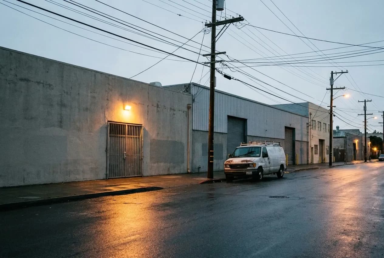 An industrial corner in San Francisco's Mission with warehouse walls and a gated entrance